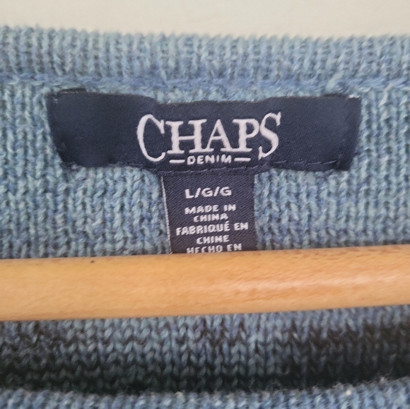 Chaps Denim Blue Aztec Knit Short Sleeve Pullover Sweater Top L - Picture 2 of 5